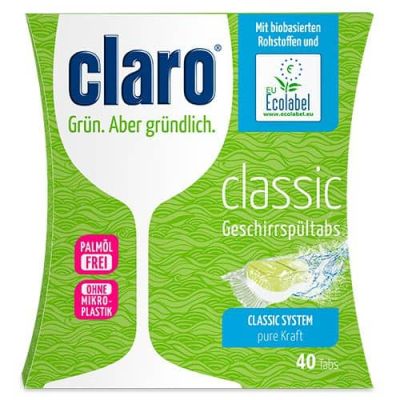 claro classic vaatwastabletten in groene kartonnen verpakking met EcoLabel logo